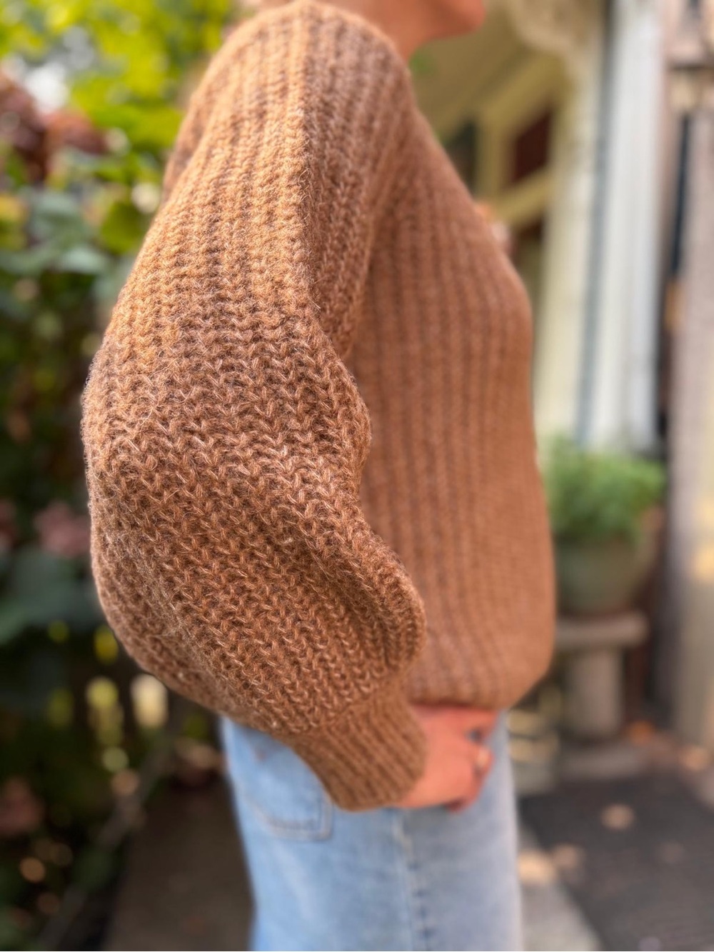 Sezane Ribbed Button-Front Cardigan in Warm Camel Brown - Picture 3 of 5